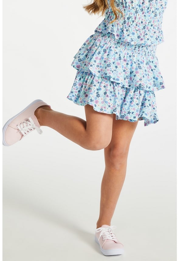 Floral Smocked Tiered Skirt Blue