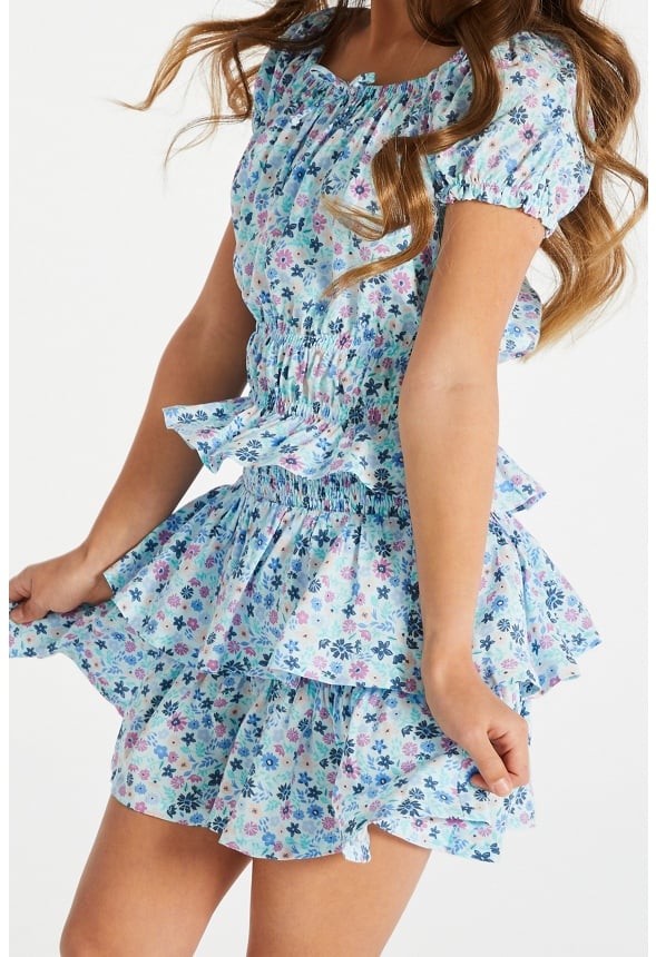 Floral Smocked Tiered Skirt Blue