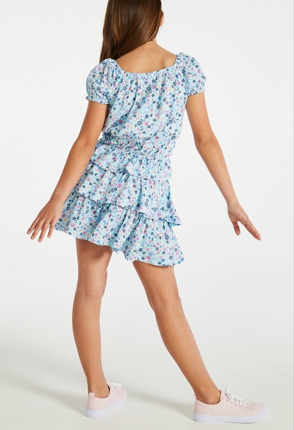 Floral Smocked Tiered Skirt Blue