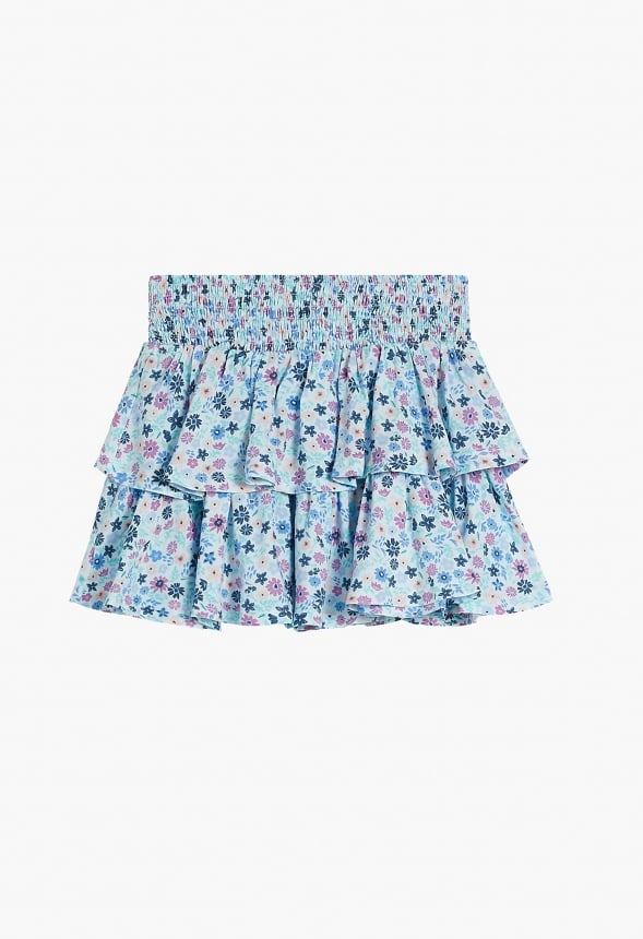 Floral Smocked Tiered Skirt Blue