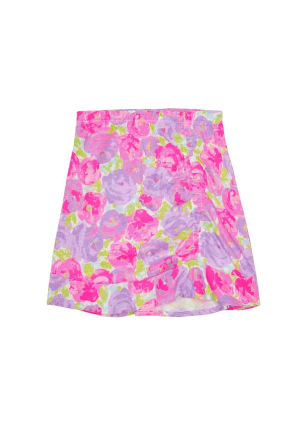 Watercolor Floral Cinched Ruffle Skirt Pink