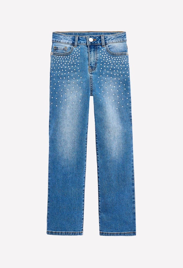 Rhinestone High Rise Straight Leg Denim  Blue