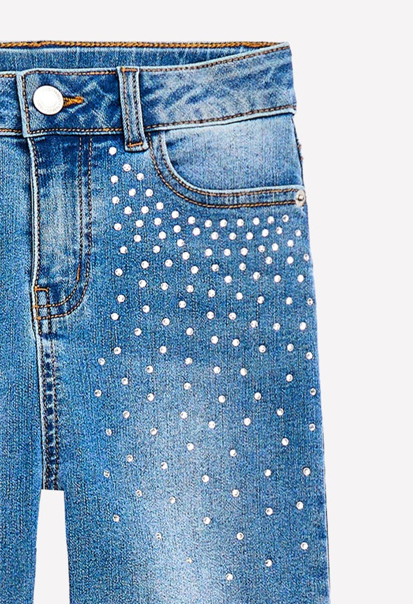 Rhinestone High Rise Straight Leg Denim  Blue