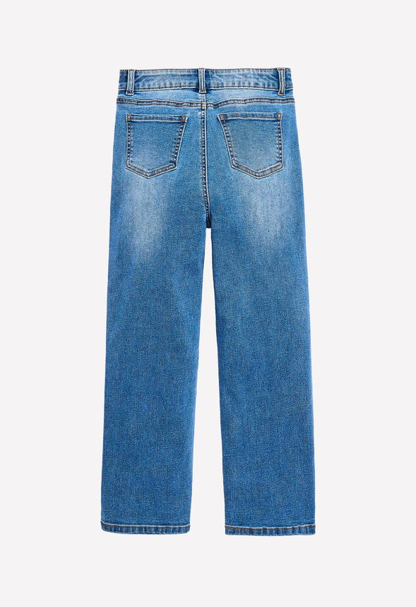 Rhinestone High Rise Straight Leg Denim  Blue