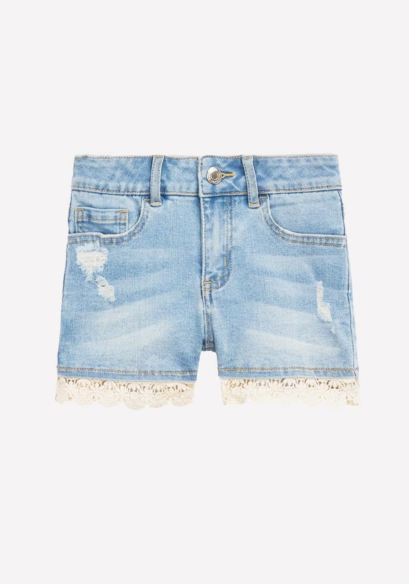 Crochet Trim Denim Shorts Light Wash