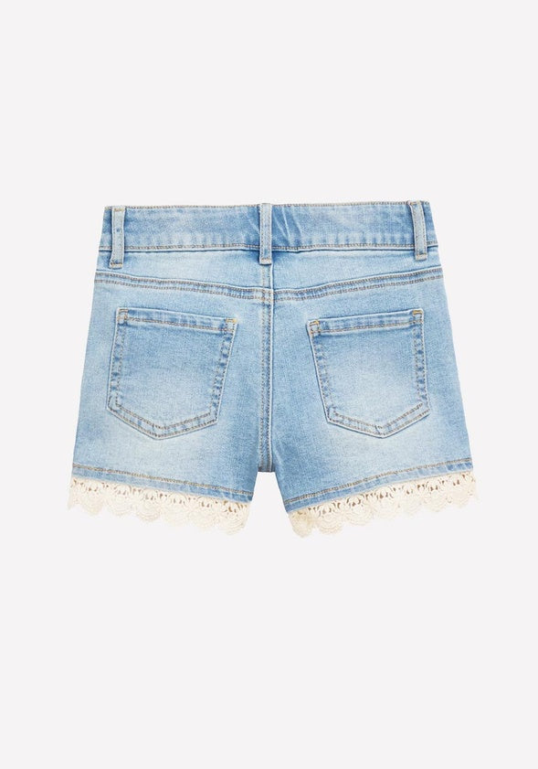 Crochet Trim Denim Shorts Light Wash