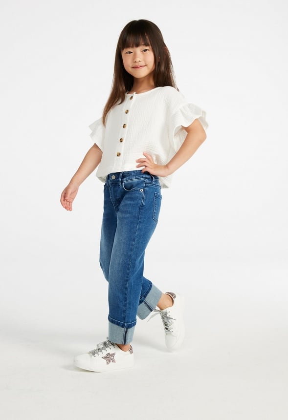 Mid Rise Cuffed Straight Fit Denim Blue