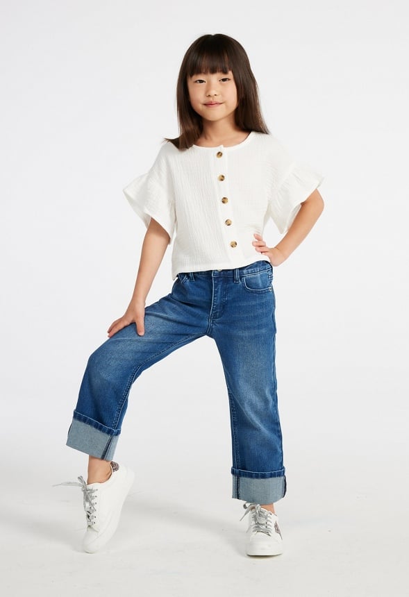 Mid Rise Cuffed Straight Fit Denim Blue