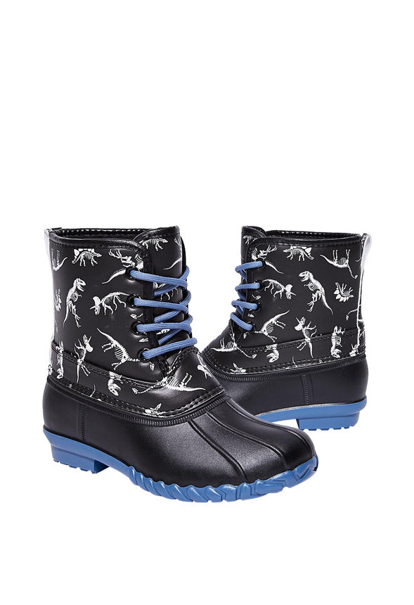 Dino Skeleton Lace Up Duck Boot Black Print