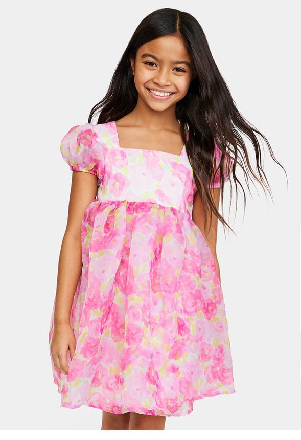 Tulle Puff Sleeve Babydoll Dress Pink