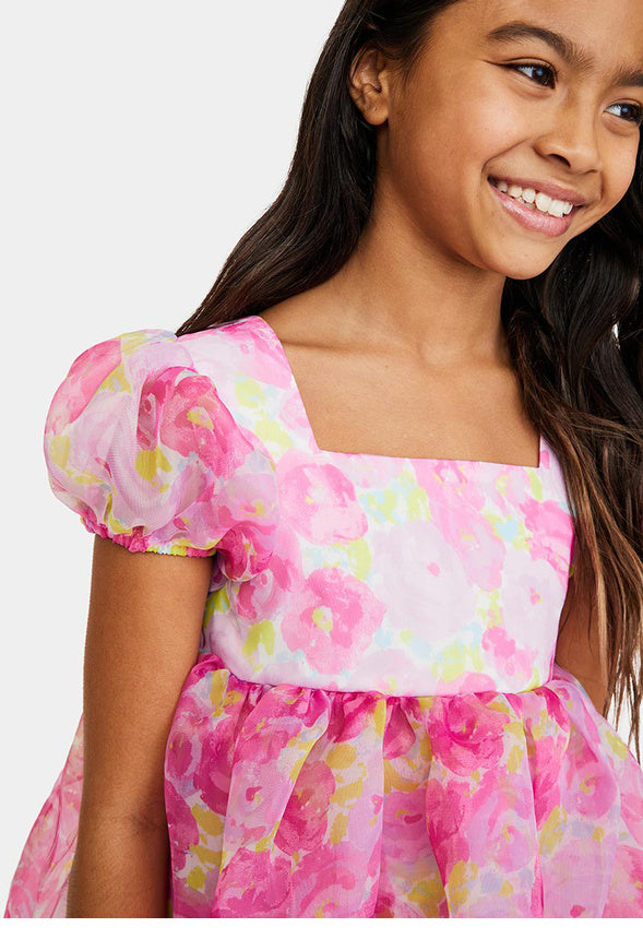 Tulle Puff Sleeve Babydoll Dress Pink