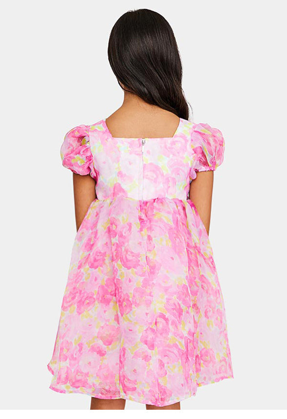 Tulle Puff Sleeve Babydoll Dress Pink