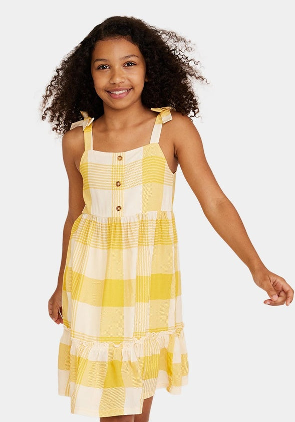 Bow Strap Plaid Ruffle Dress Yellow