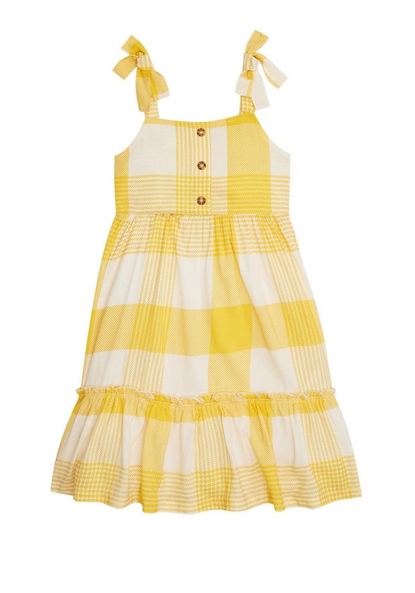 Bow Strap Plaid Ruffle Dress Yellow