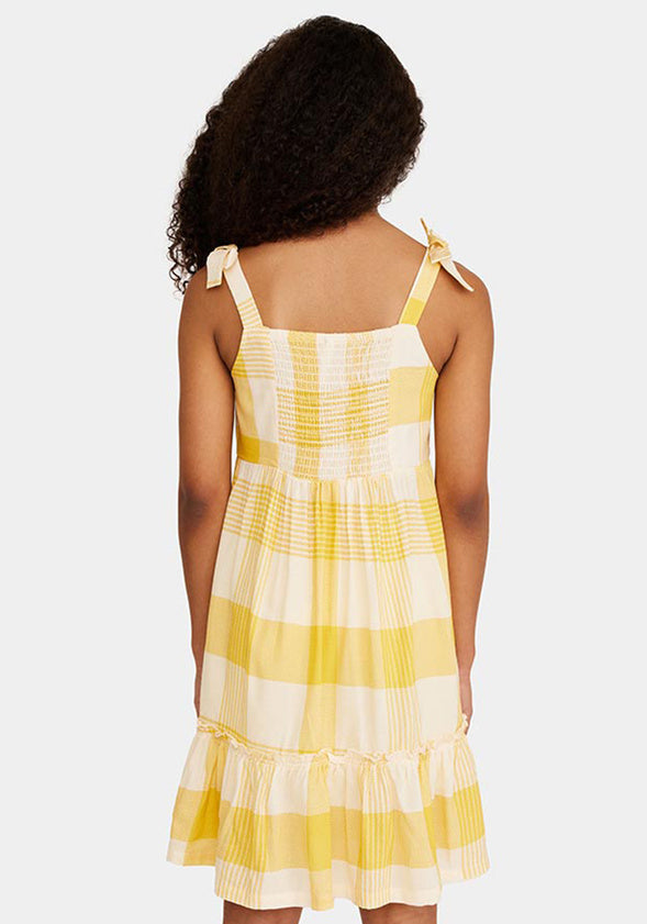 Bow Strap Plaid Ruffle Dress Yellow
