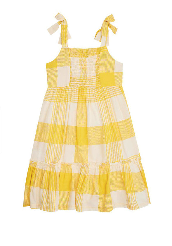 Bow Strap Plaid Ruffle Dress Yellow