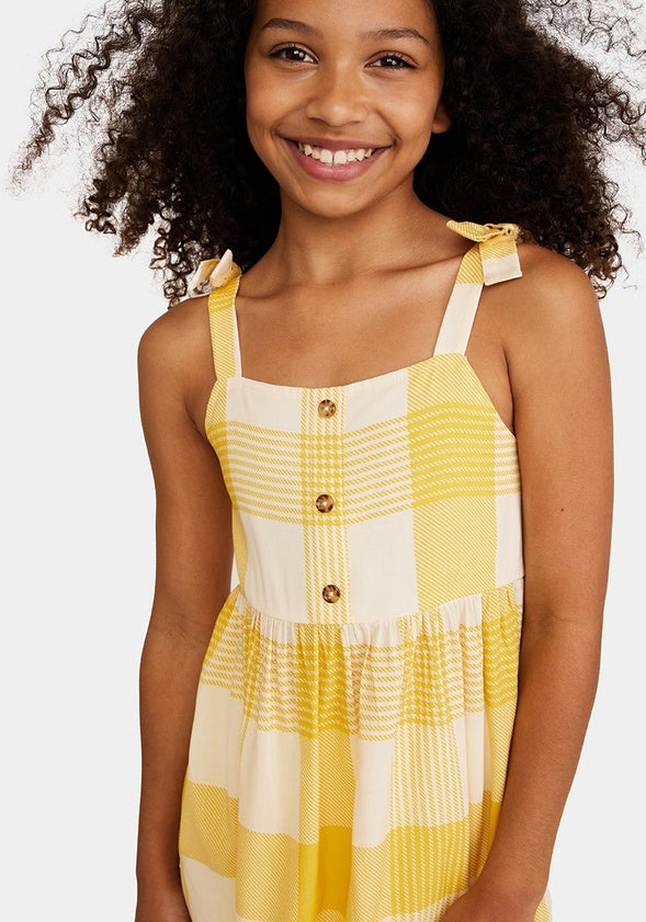 Bow Strap Plaid Ruffle Dress Yellow