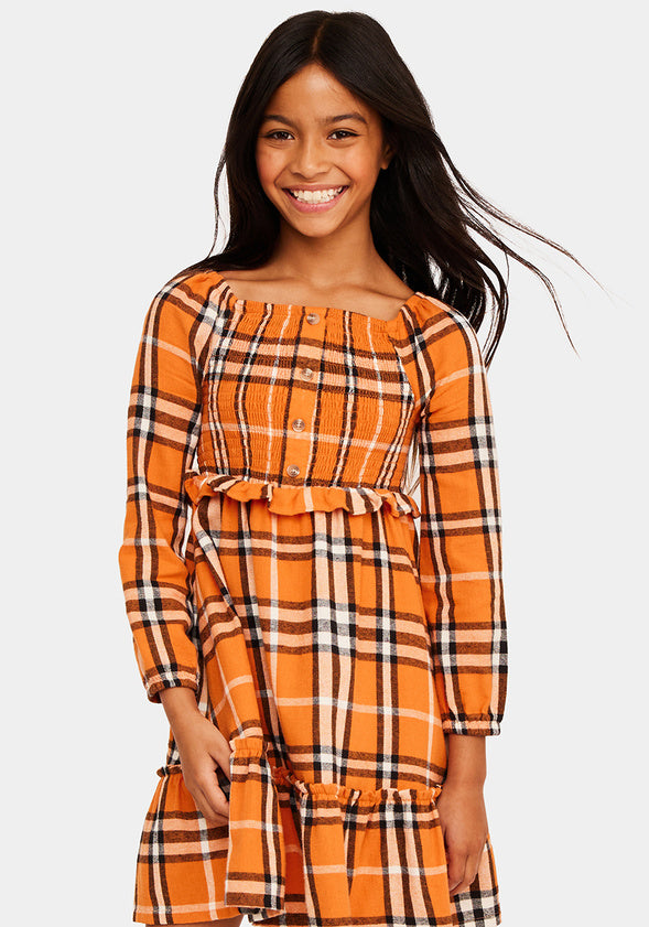 Smocked Plaid Dress Orange Plaid