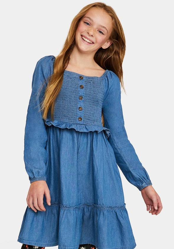 Ruffle Smocked Chambray Dress Chambray Blue