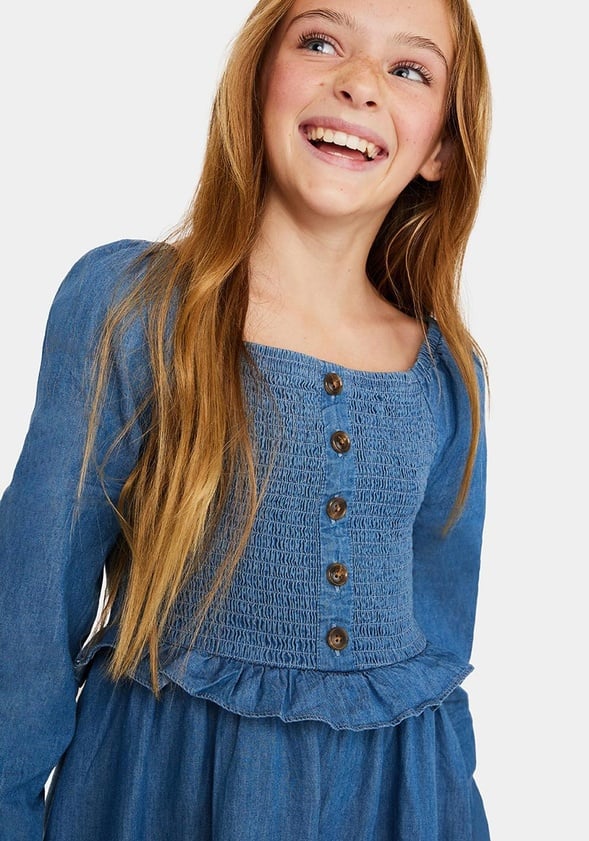 Ruffle Smocked Chambray Dress Chambray Blue