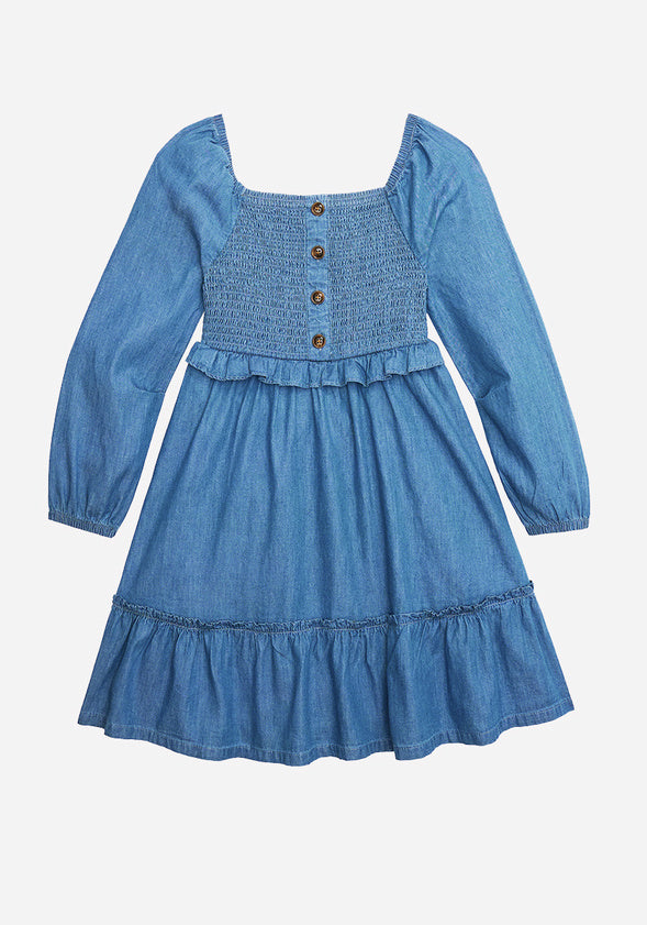 Ruffle Smocked Chambray Dress Chambray Blue