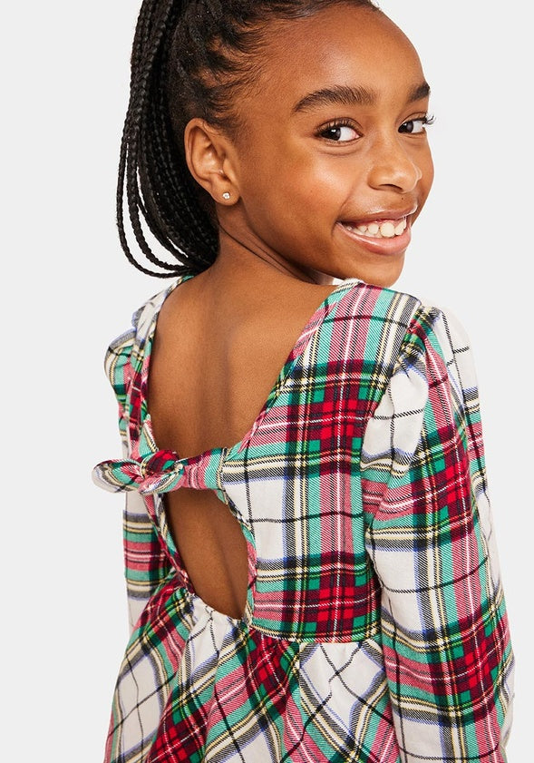 Plaid Bow Back Dress White Plaid