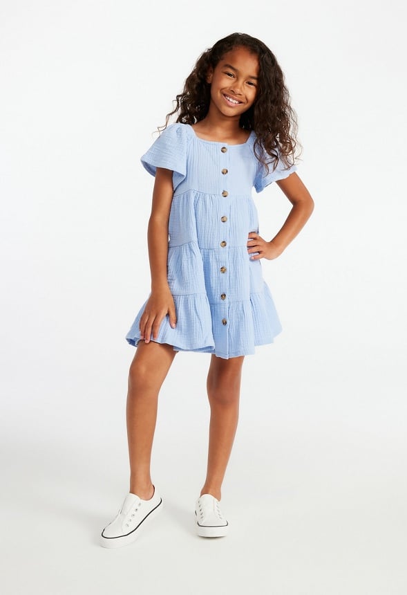 Crinkle Knit Tiered Dress Light Blue
