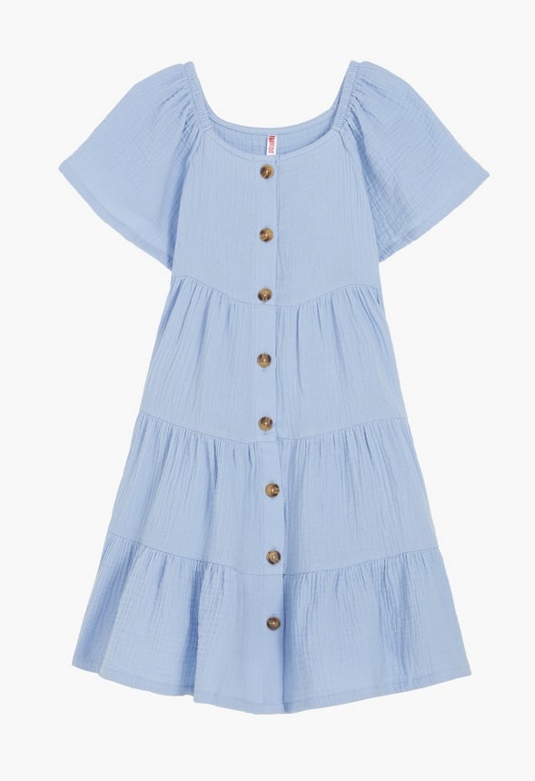 Crinkle Knit Tiered Dress Light Blue
