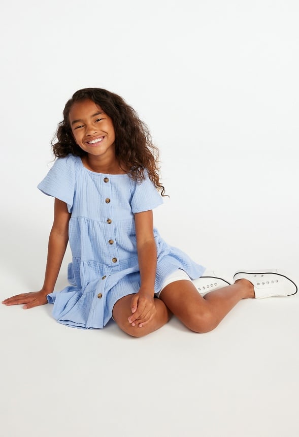 Crinkle Knit Tiered Dress Light Blue