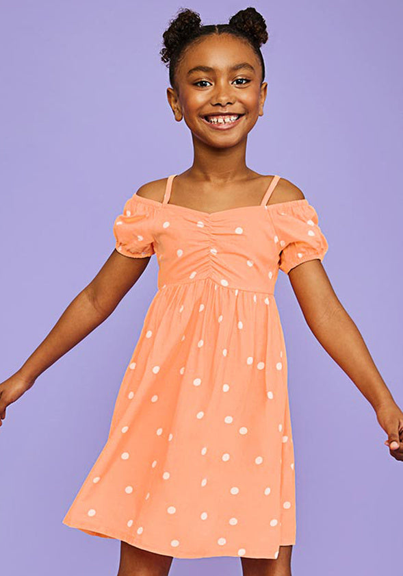 Polka Dot Cold Shoulder Dress Neon Coral
