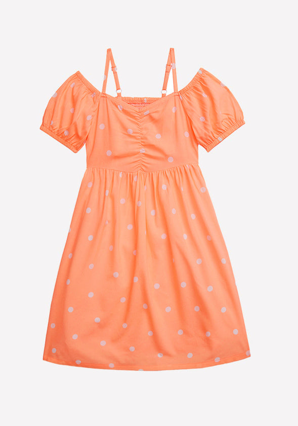 Polka Dot Cold Shoulder Dress Neon Coral