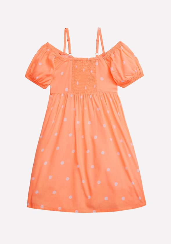 Polka Dot Cold Shoulder Dress Neon Coral