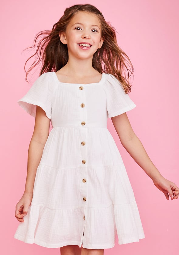 Crinkle Knit Tiered Dress White