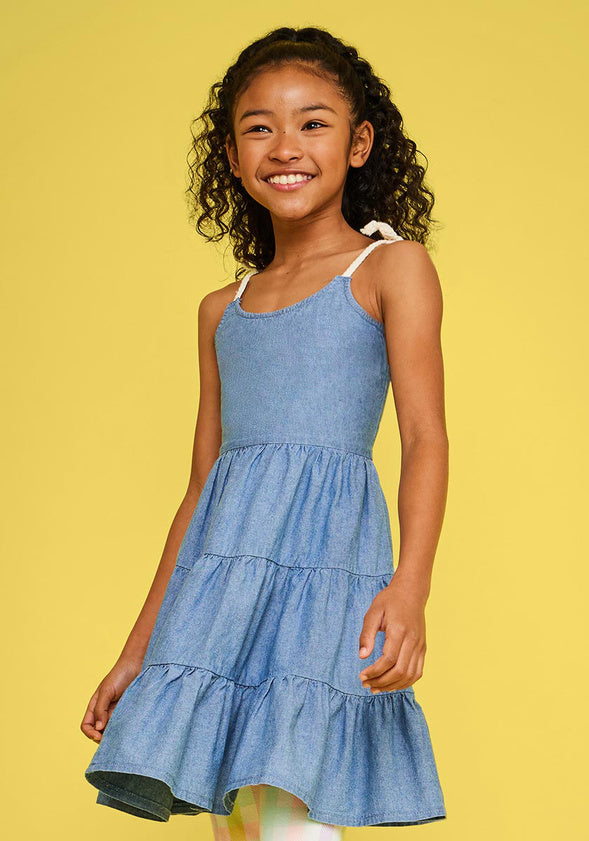 Chambray Tiered Dress Blue
