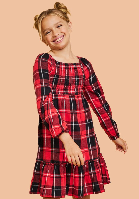 Smocked Plaid Dress Red