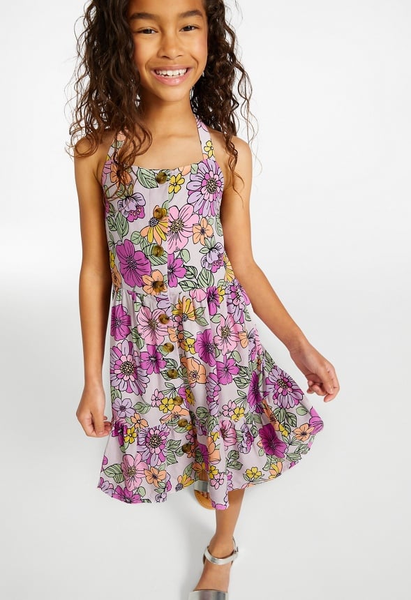 Button Front Floral Swing Dress Purple