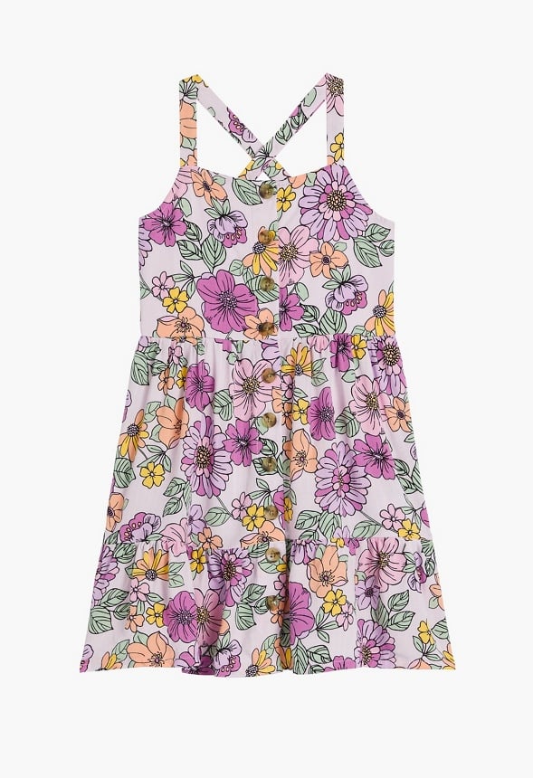 Button Front Floral Swing Dress Purple