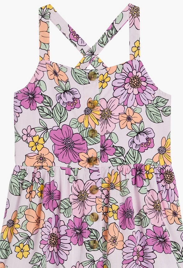 Button Front Floral Swing Dress Purple