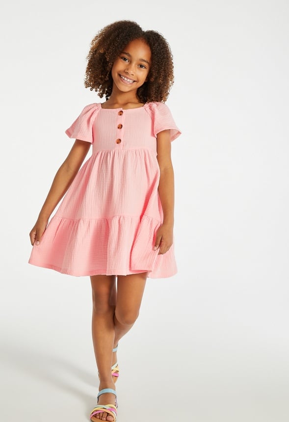 Crinkle Knit Henley Dress Pink