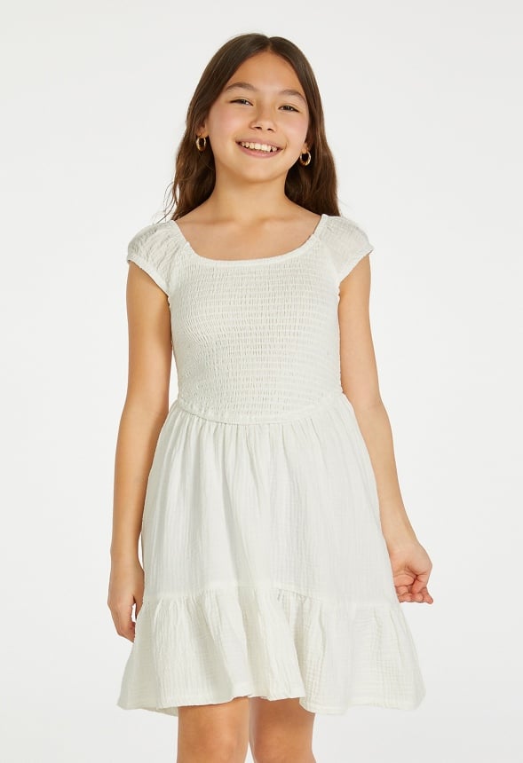 Smocked Tiered Dress White