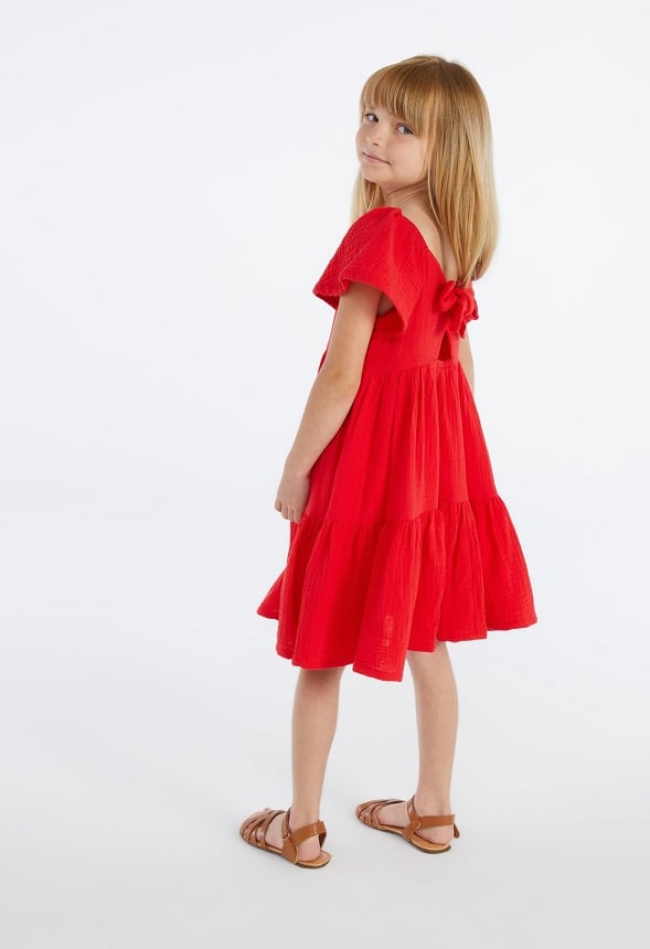 Square Neck Tiered Dress Red