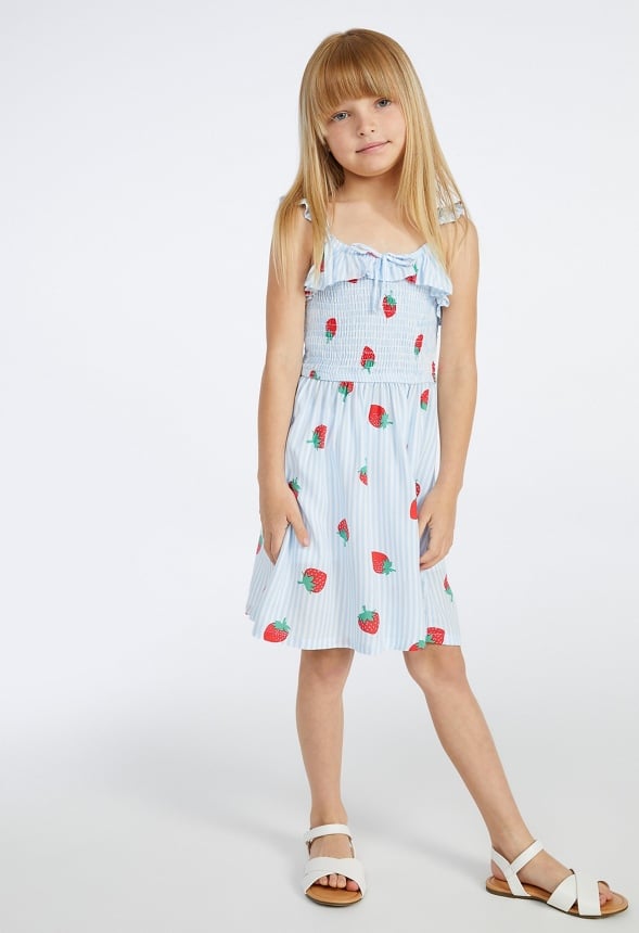 Strawberry Smocked Dress Blue Stripes