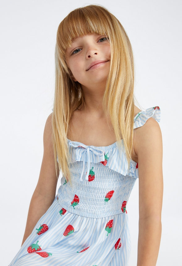 Strawberry Smocked Dress Blue Stripes