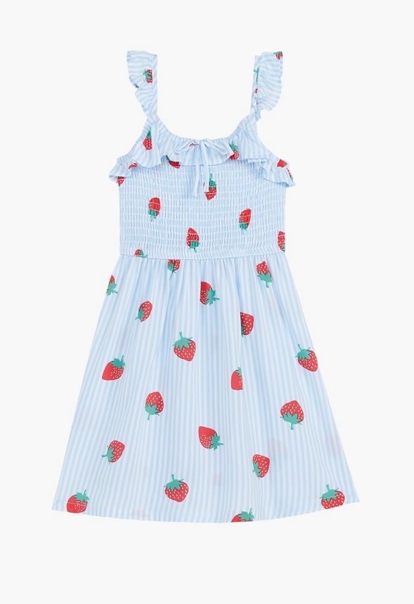 Strawberry Smocked Dress Blue Stripes