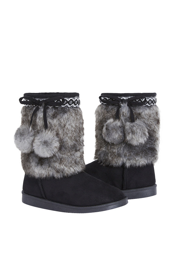 Pom Pom Fur Fuzzy Boot Black