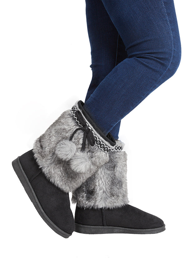 Pom Pom Fur Fuzzy Boot Black