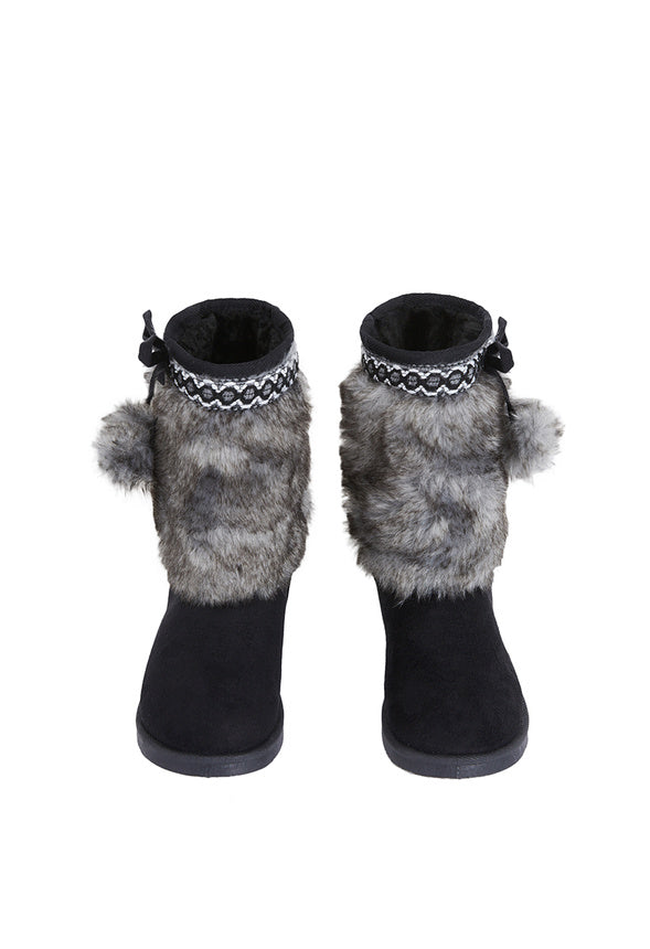Pom Pom Fur Fuzzy Boot Black