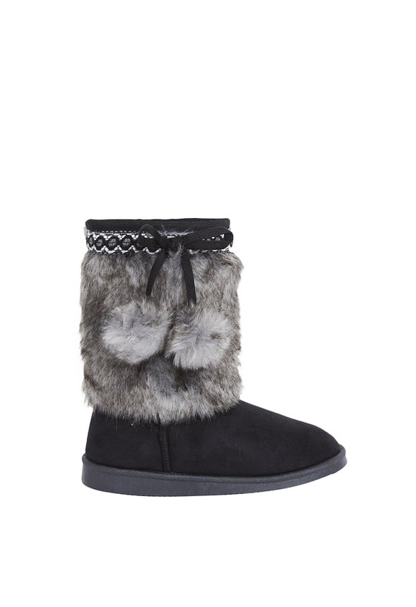 Pom Pom Fur Fuzzy Boot Black