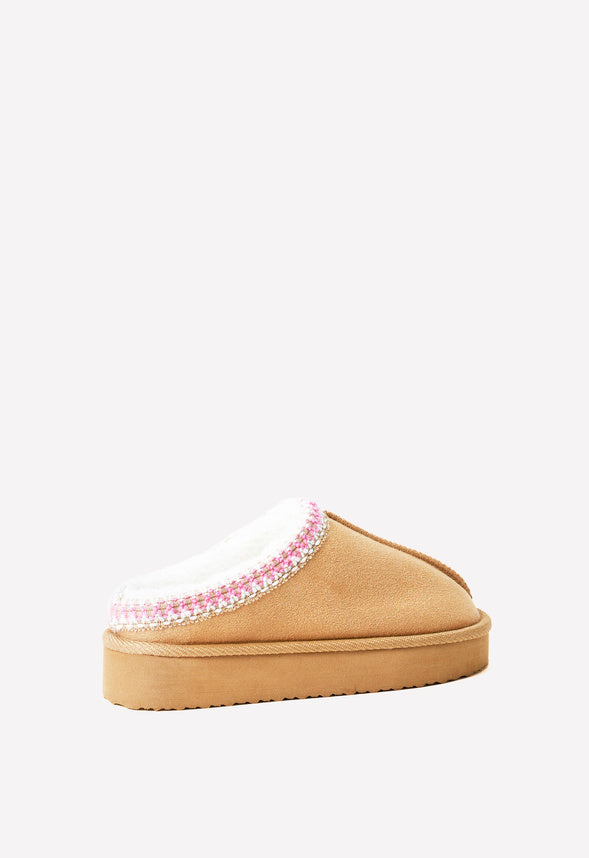 Platform Slip On Fuzzy Tan