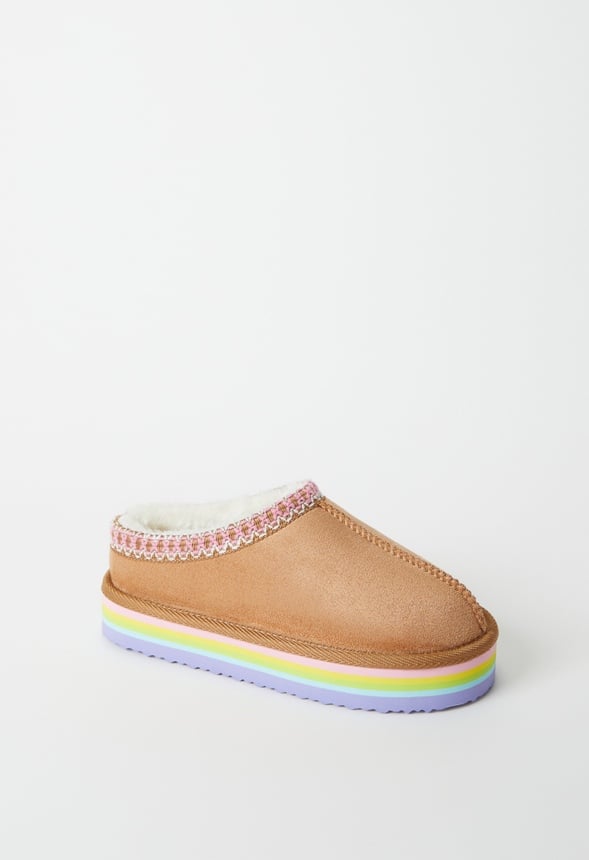 Rainbow Platform Slip On Fuzzy Tan
